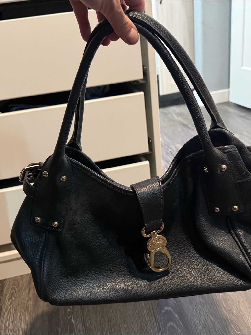 Dooney & Bourke Black Leather Shoulder Bag With Gold Hardware Charm